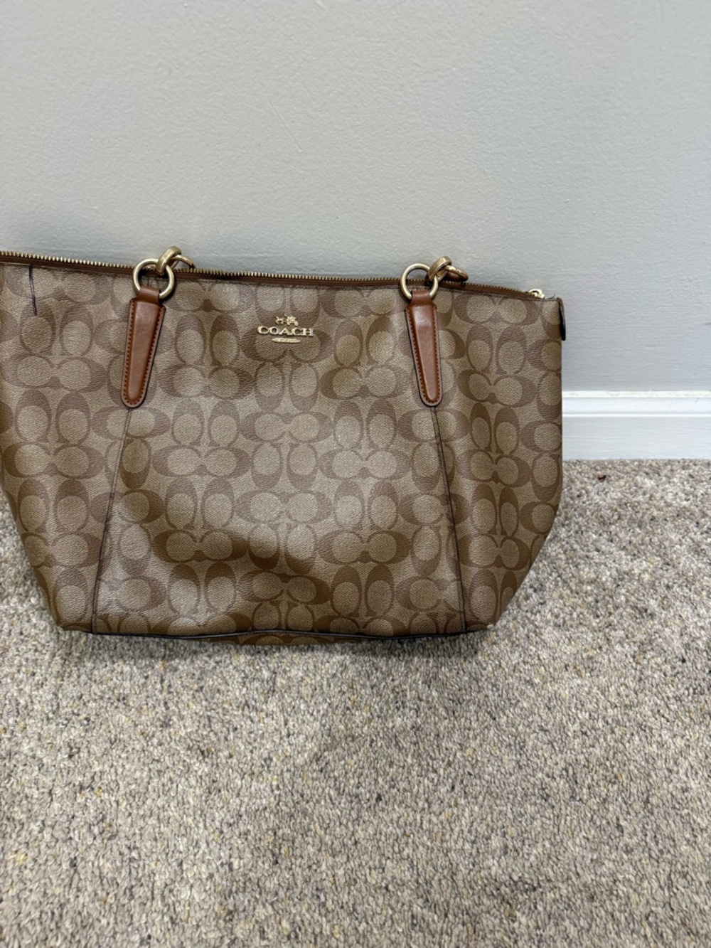 Coach Signature Canvas Tote in Brown with Leather Trim